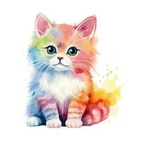 Cute watercolor cat in rainbow colors, isolated illustration on white background. Generative AI photo