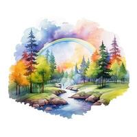 Bright watercolor landscape, rainbow nature illustration, forest, mountains, trees. Generative AI photo