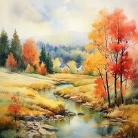 Watercolor autumn landscape, watercolor painting, leaf fall. Generative AI photo