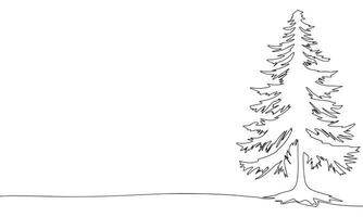 Pine tree one line continuous. Line art banner with fir tree. Winter banner concept outline. Vector illustration.