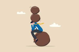 Burden, obligation to pay off, heavy stress problem or difficulty, work pressure thinking to make decision, overload duty or overthinking concept, businessman thinking with heavy burden boulder rock. vector