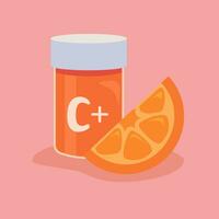 Vitamin C pills in a plastic jar with orange slice vector