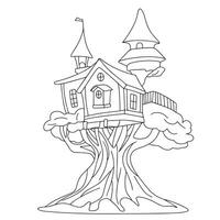 Tree house in doodle style. Hand drawn outline house on tree. Vector illustration.