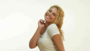 Happy overjoyed woman celebrating successful shouting video