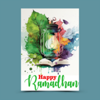 Ramadan Kareem. Islamic watercolor painting psd template with ramadan for wallpaper design