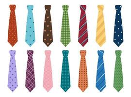 Set of colored man ties with different patterns. Neck tie collection for business or party. Accessories for man suits. Vector flat illustration isolated on white background