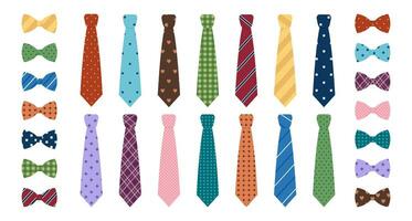 conjunto de de colores hombre corbatas y arco corbatas con diferente patrones. cuello Corbata colección para negocio o fiesta. accesorios para hombre trajes. vector plano ilustración aislado en blanco antecedentes