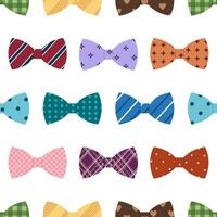 Seamless pattern with bow ties. Colored butterfly ties with different ornaments on white background. Stylish accessory. Vector flat illustration