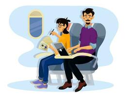 Vector flat illustration of passengers in a cabin of plane during the flight.