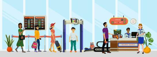 Vector illustration of desk of security search with inspector and passengers or tourists in airport.