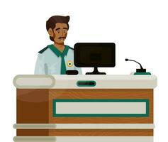 Vector flat illustration of desk with administrator, customs or police officer.