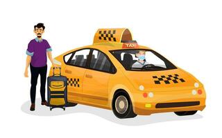 Illustration of modern taxi with taxi driver and passendger on a white isolated background. vector