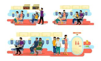 Set of flat illustrations of happy family in cabin of plane during the flight and queue to a toilet. vector