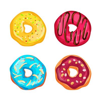 Collection of vector illustrations of bright and appetizing donuts