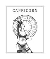 ilustración de monocromo tarjeta con astrológico firmar y romántico belleza mujer. zodíaco símbolo Arte. vector