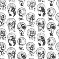 Seamless pattern with hand drawn monochrome arts of beautiful woman with astrological signs. vector