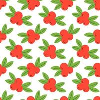 Cranberry seamless pattern. Vector background with red berries and green leaves. Simple flat style.