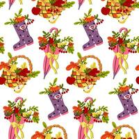 A pattern with an autumn wicker basket, an umbrella, a boot with autumn leaves, berries, fruits inside. The foliage looks like a bouquet on a white background. Vector flat illustration of autumn