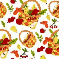 Pattern from an autumn wicker basket with autumn leaves, berries, fruits inside. The foliage looks like a bouquet in baskets on a white background. Vector flat illustration of autumn weather. Print