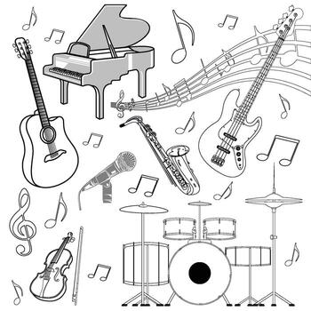 Vector set of musical instruments. Cartoon line art isolated objects on a white background