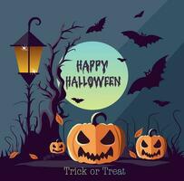Vector illustration stylish banner of happy halloween in flat style, moon, pumpkin, lantern, spiders, bats, space for text