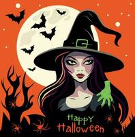 Vector illustration of a halloween avatar of a cute beautiful witch in a hat cap of a mystical character in a flat style on a bright orange background, space for text