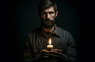 Man looking at the camera with a candle in the dark. Blackout concept. photo