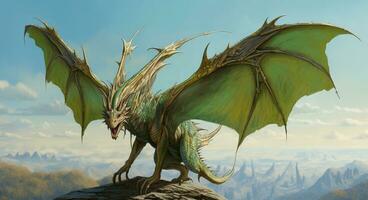 Fantasy Dragon. Ferocious monster. Vicious dragon flying in the air. Digital illustration photo