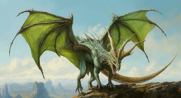 Fantasy Dragon. Ferocious monster. Vicious dragon flying in the air. Digital illustration photo