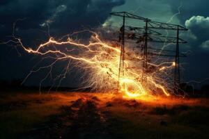 The rupture of a power line causing sparks to emanate from the severed wires. photo