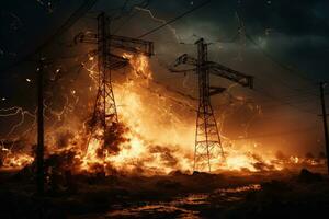 The rupture of a power line causing sparks to emanate from the severed wires. photo