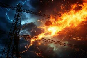 The rupture of a power line causing sparks to emanate from the severed wires. photo