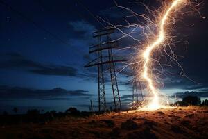 The rupture of a power line causing sparks to emanate from the severed wires. photo