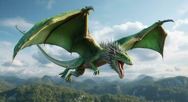 Fantasy Dragon. Ferocious monster. Vicious dragon flying in the air. Digital illustration photo