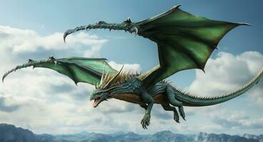 Fantasy Dragon. Ferocious monster. Vicious dragon flying in the air. Digital illustration photo