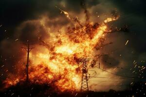 The rupture of a power line causing sparks to emanate from the severed wires. photo