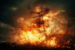 The rupture of a power line causing sparks to emanate from the severed wires. photo