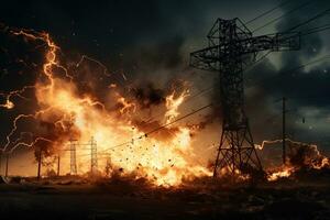 The rupture of a power line causing sparks to emanate from the severed wires. photo