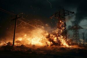 The rupture of a power line causing sparks to emanate from the severed wires. photo