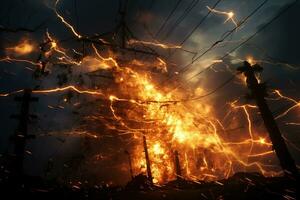 The rupture of a power line causing sparks to emanate from the severed wires. photo