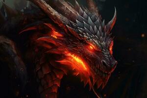 Head of Fantasy Dragon. Ferocious monster. Vicious dragon with a gaping maw. Digital illustration AI Generative photo