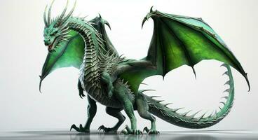 Fantasy Dragon. Ferocious monster. Vicious dragon flying in the white background. Digital illustration AI Generative photo