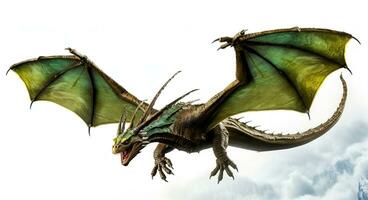 Fantasy Dragon. Ferocious monster. Vicious dragon flying in the white background. Digital illustration photo