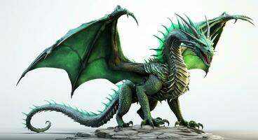 Fantasy Dragon. Ferocious monster. Vicious dragon flying in the white background. Digital illustration AI Generative photo