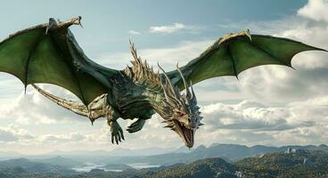 Fantasy Dragon. Ferocious monster. Vicious dragon flying in the air. Digital illustration photo