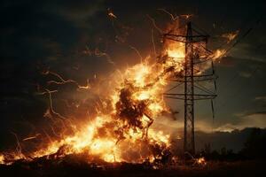 The rupture of a power line causing sparks to emanate from the severed wires. photo