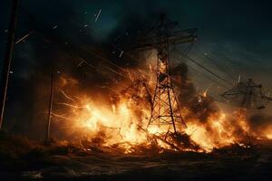 The rupture of a power line causing sparks to emanate from the severed wires. photo