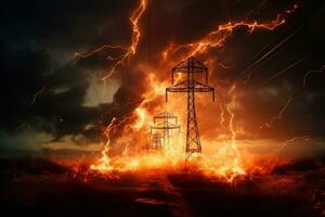 The rupture of a power line causing sparks to emanate from the severed wires. photo