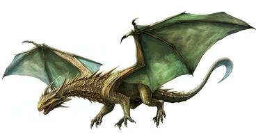 Fantasy Dragon. Ferocious monster. Vicious dragon flying in the white background. Digital illustration AI Generative photo