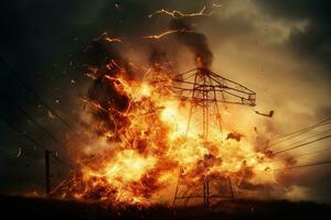 The rupture of a power line causing sparks to emanate from the severed wires. photo